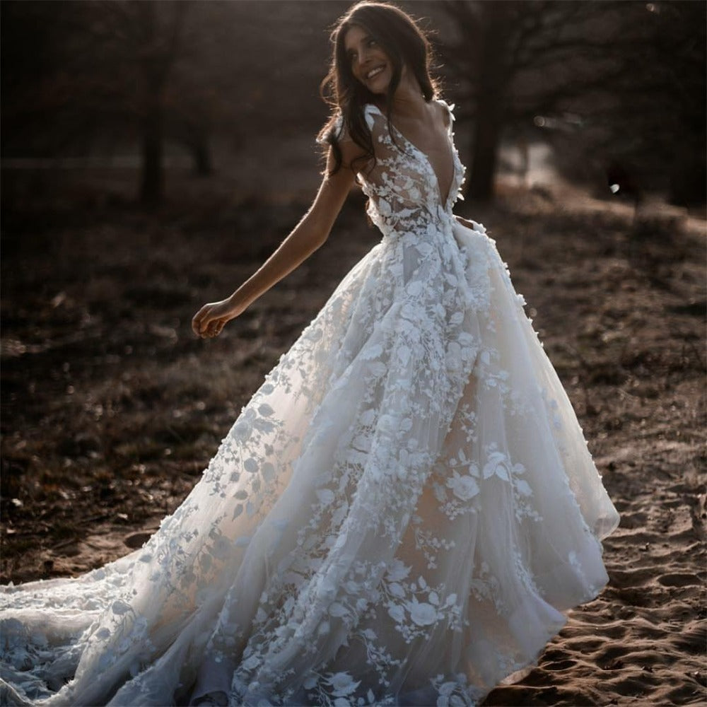 Sexy Bohemian Wedding Dress Short Sleeves Deep V Neck 3d Floral Appliques Bridal Gowns Backless Vestido De Noiva Lorie - LiveTrendsX