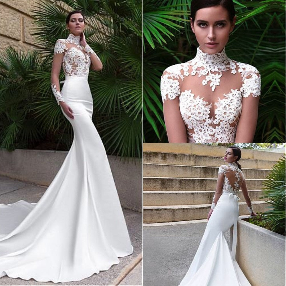 Elegant High Neckline Mermaid Wedding Dresses With Lace Appliques Long Sleeve Sexy See Through Bodice Bridal Gowns Lace 2019 - LiveTrendsX