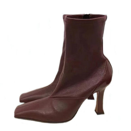 Genuine leather Ankle Boots for women 9.5 cm high heels square toe runway  sexy slim shoes wine red green zapatos mujer - LiveTrendsX