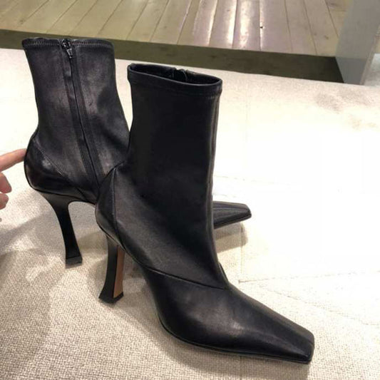 Genuine leather Ankle Boots for women 9.5 cm high heels square toe runway  sexy slim shoes wine red green zapatos mujer - LiveTrendsX