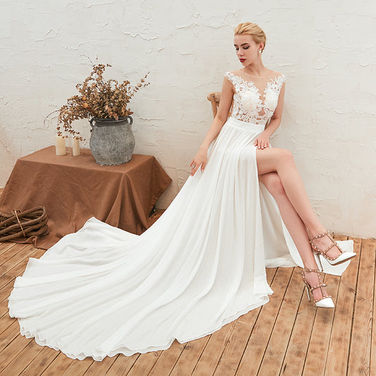 Elegant Lace and Chiffon Wedding Dress Side Slit Beach Style Bridal Women A Line Long Wedding Gown - LiveTrendsX