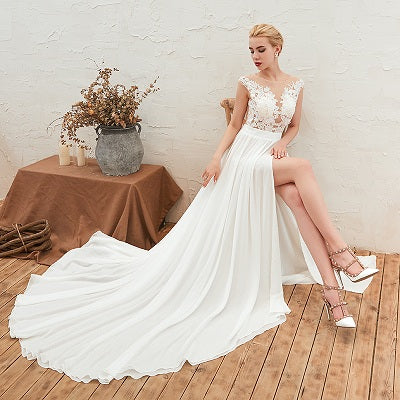 Elegant Lace and Chiffon Wedding Dress Side Slit Beach Style Bridal Women A Line Long Wedding Gown - LiveTrendsX