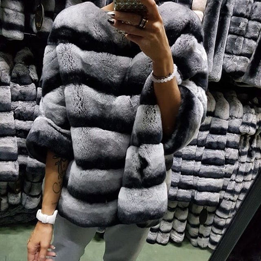 real rex rabbit fur poncho coat jacket stripe with batwing sleeve furry winter warm half sleeve  pink clothes pullover tops - LiveTrendsX