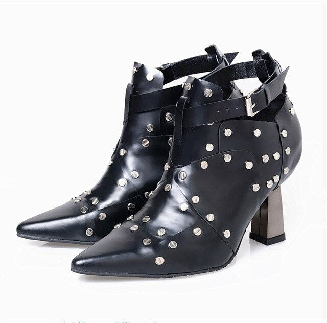 Red Women Ankle Boots High Heels Buckle Shoes Women Pumps Dress Wedding Shoes Rivet Botines Mujer Straps Summer Boots - LiveTrendsX