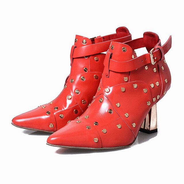 Red Women Ankle Boots High Heels Buckle Shoes Women Pumps Dress Wedding Shoes Rivet Botines Mujer Straps Summer Boots - LiveTrendsX