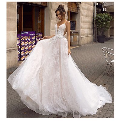 A Line Backless Wedding Dress 2019 Sexy Spaghetti Straps Bridal Dress 3D Lace Flowers Fairy Beach Wedding Dresses - LiveTrendsX