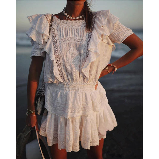 High-end White Cotton Draped Two Piece Set Women  Summer Ruffles Top+High Waist Ball Gown Skirt Set - LiveTrendsX