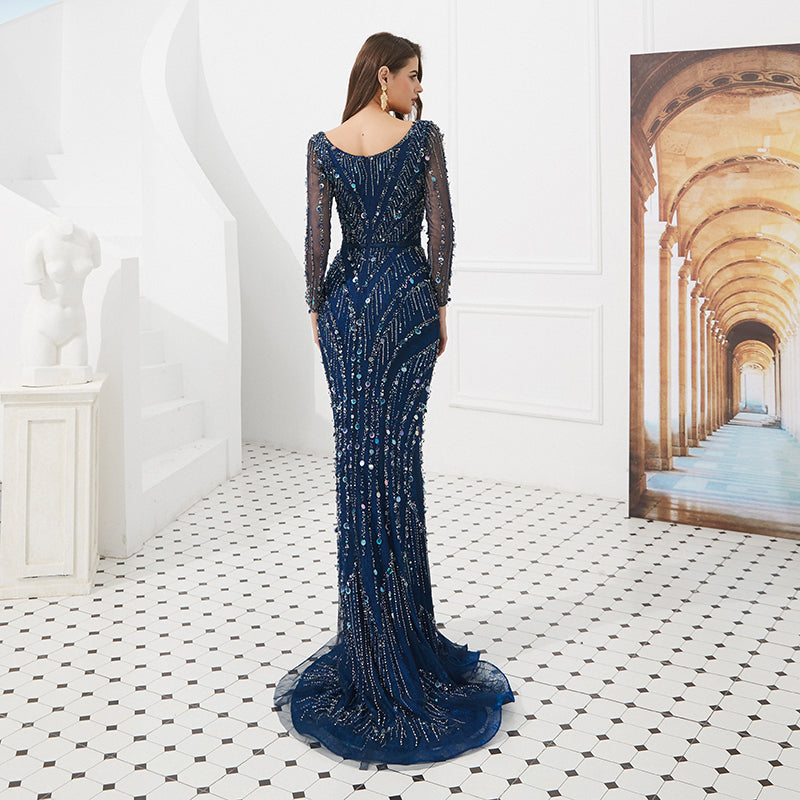 Sexy Crystal Beaded Long Sleeve Evening Dresses V Neckline Mermaid Cut Blue Tulle Women Evening Gown - LiveTrendsX