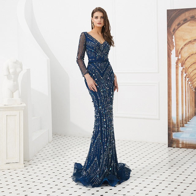 Sexy Crystal Beaded Long Sleeve Evening Dresses V Neckline Mermaid Cut Blue Tulle Women Evening Gown - LiveTrendsX
