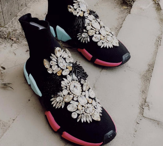 Crystals Sock Sneakers Boots Sport Female Flat Polyester Spandex Ankle Length Rhinestones Sock Sneakers Casual Shoes - LiveTrendsX