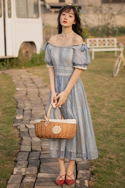 new fashion women's dresses Vintage literary dress female summer popular slash neck lace - LiveTrendsX