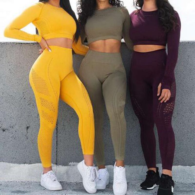 Women Seamless Yoga Sets High Waist Gym Mesh Leggings Shirts Suit Long Sleeve Fitness Workout Sports Running Thin Yoga Sets - LiveTrendsX