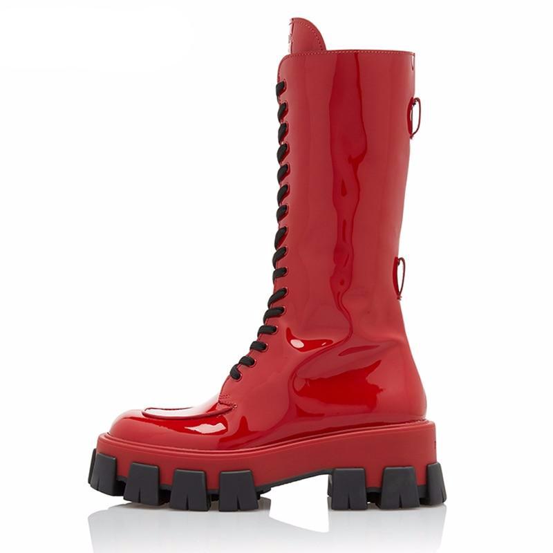 Red Pink Patent Leather Lady Rubber Boots Flat Platform Thick Sole - LiveTrendsX