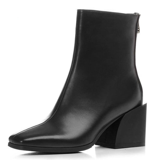 women shoes newest genuine leather high quality high square heel zipper square toe fashion black and white ankle boots - LiveTrendsX