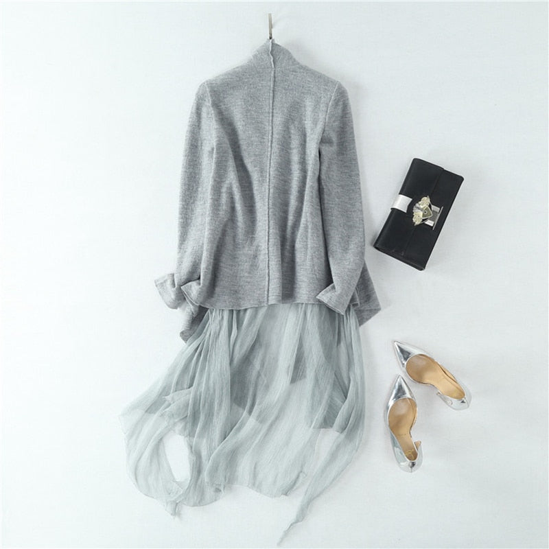 High-end Coat Women 100% Wool Patchwork 100% Silk Pattern Ruffled Collar Long Sleeves Pleated Elegant Style - LiveTrendsX