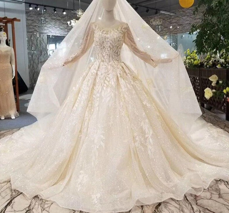 shiny wedding dresses with wedding veil long tulle sleeve appliques wedding gowns - LiveTrendsX