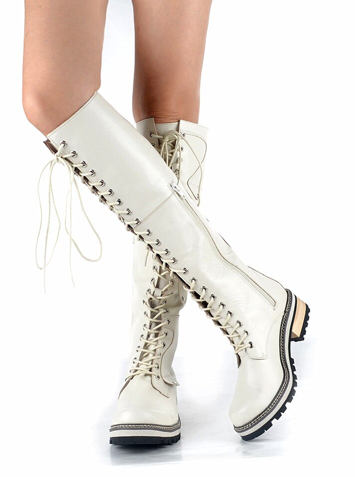 British Style White Real Leather Cross-tied Rivet Knight Boot Comfort Warm Thick Bottom High Heel Knee Boots - LiveTrendsX