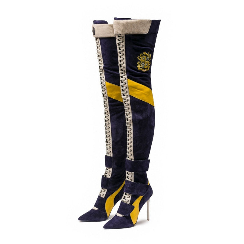 New Arrival Blue Patchwork Thigh high boots Women pointy toe High heels Lace up botas largas Sexy Over the knee knight boots - LiveTrendsX