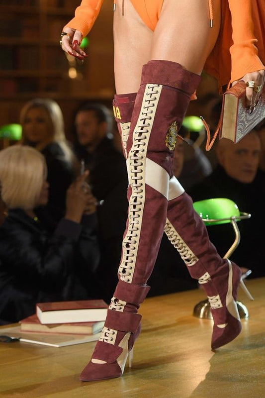 New Arrival Blue Patchwork Thigh high boots Women pointy toe High heels Lace up botas largas Sexy Over the knee knight boots - LiveTrendsX