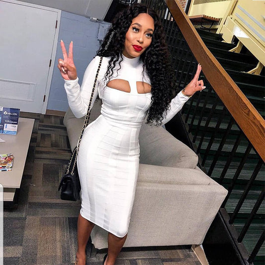 Women White Bandage Dress Bodycon 2020 New Arrivals Sexy Cut Out High Neck Long Sleeve Party Rayon Bandage Midi Dress - LiveTrendsX