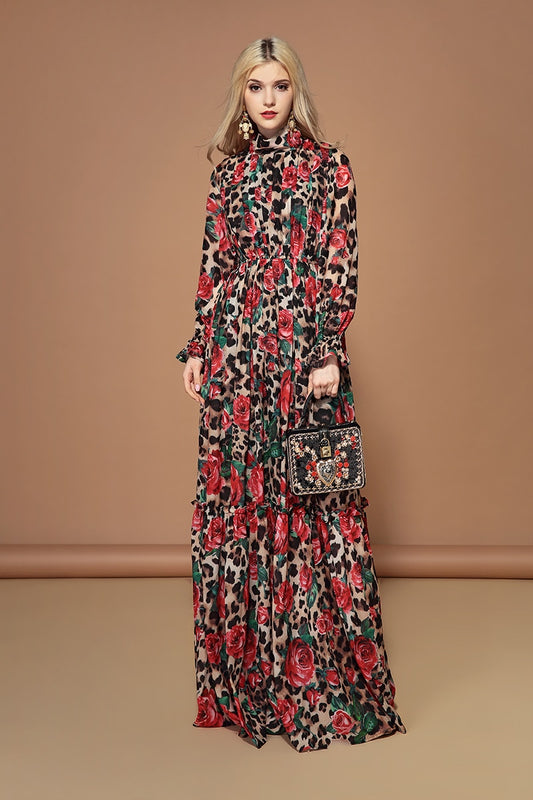 Fashion Runway Long Sleeve Maxi Dresses Women's Elegant Party Rose Floral Leopard Print Long Dress Holiday Dress - LiveTrendsX