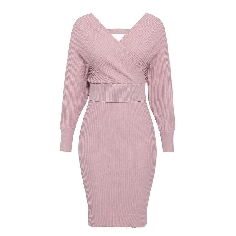 Sexy v-neck women knitted skirt suits Autumn winter batwing sleeve 2 pieces Elegant party female sweater pink dress - LiveTrendsX