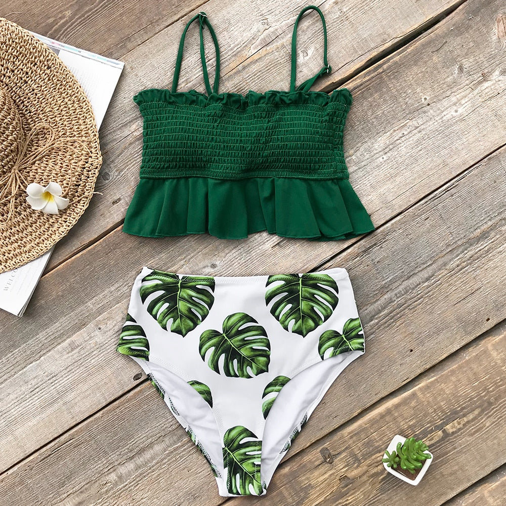 Smocked Green Leaf Print High-Waisted Bikini Sets Women Ruffle Two Pieces Swimsuits 2020 Girl Boho Bathing Suits - LiveTrendsX