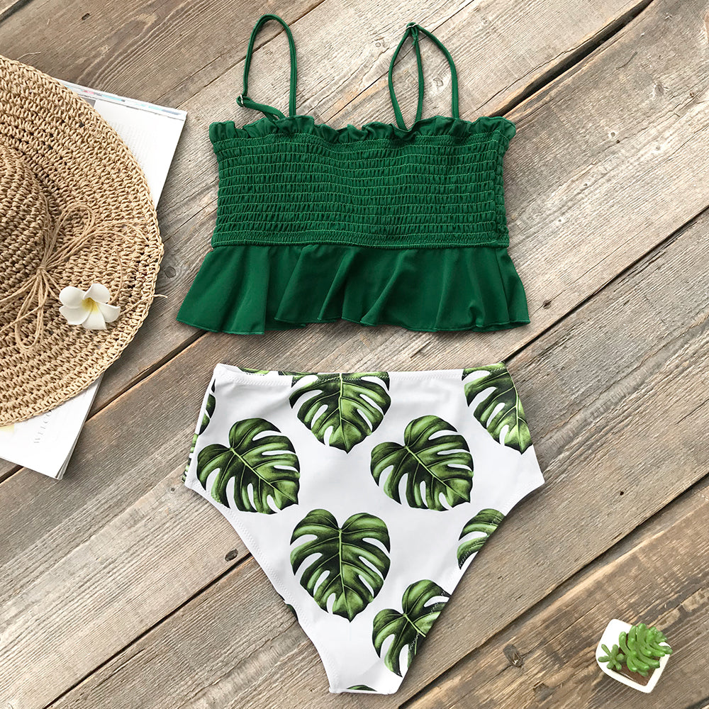 Load image into Gallery viewer, Smocked Green Leaf Print High-Waisted ...