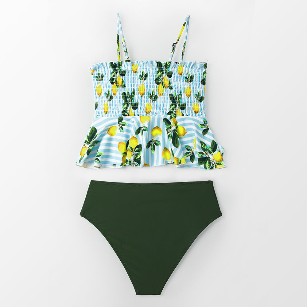 Smocked Green Leaf Print High-Waisted Bikini Sets Women Ruffle Two Pieces Swimsuits 2020 Girl Boho Bathing Suits - LiveTrendsX