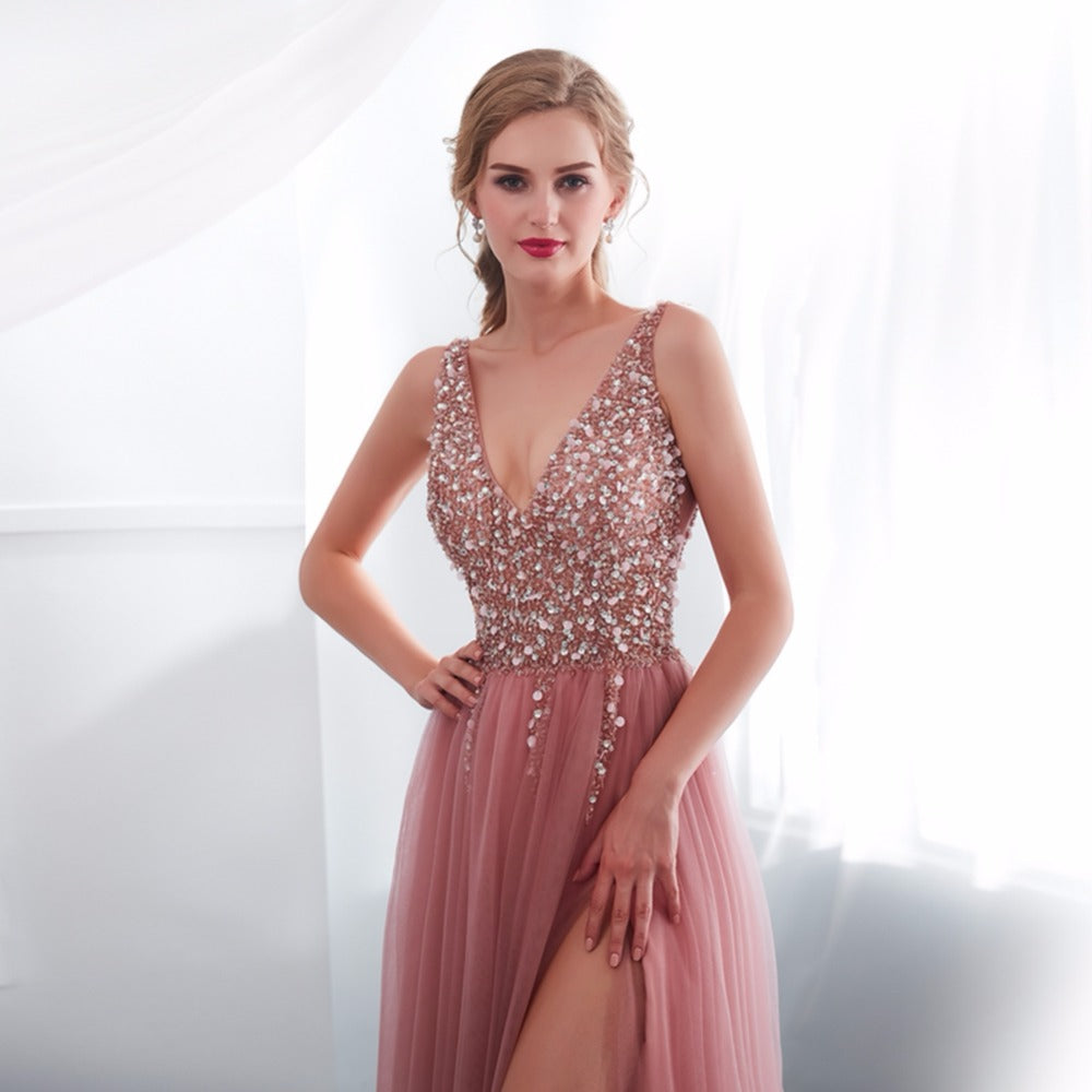V-neck Evening Gown  Sexy Crystal Beading Split Tulle Prom Dress Floor Length Evening Dress vestido longo festa - LiveTrendsX