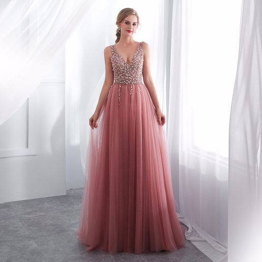 V-neck Evening Gown  Sexy Crystal Beading Split Tulle Prom Dress Floor Length Evening Dress vestido longo festa - LiveTrendsX