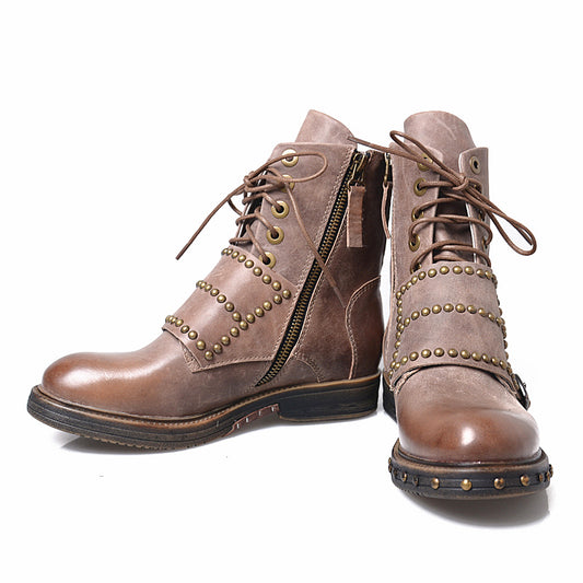 British Designer Women Ankle Boots Studded Winter Boot Shoes Woman Fashion Flats Ladies Boots Gladiator Lace Up Knight Botas - LiveTrendsX