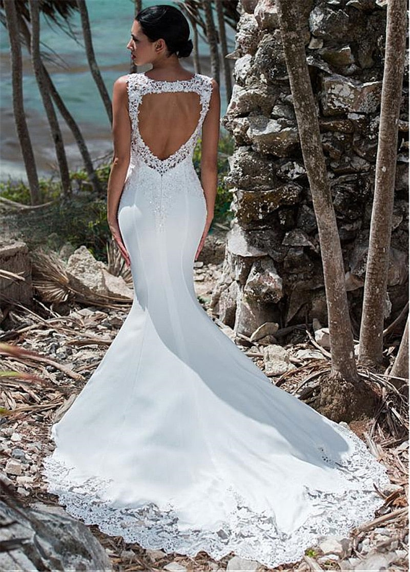 Sexy Mermaid Wedding Dress Sleeveless Lace Appliqued Illusion Back Boho Wedding Gown Long Train Bride Dress - LiveTrendsX