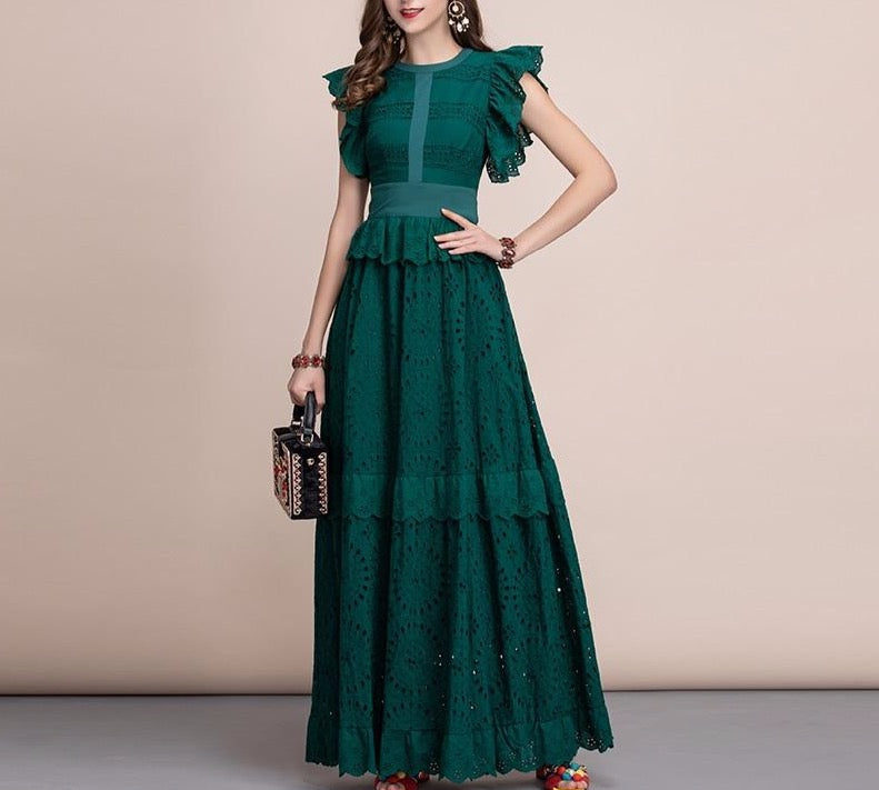 Autumn Elegant Solid Maxi Long Dress Women's Ruffles Sleeve Front Self Belted Cotton Formal Party Dresses Gown - LiveTrendsX