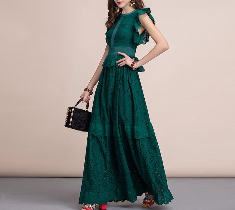 Autumn Elegant Solid Maxi Long Dress Women's Ruffles Sleeve Front Self Belted Cotton Formal Party Dresses Gown - LiveTrendsX