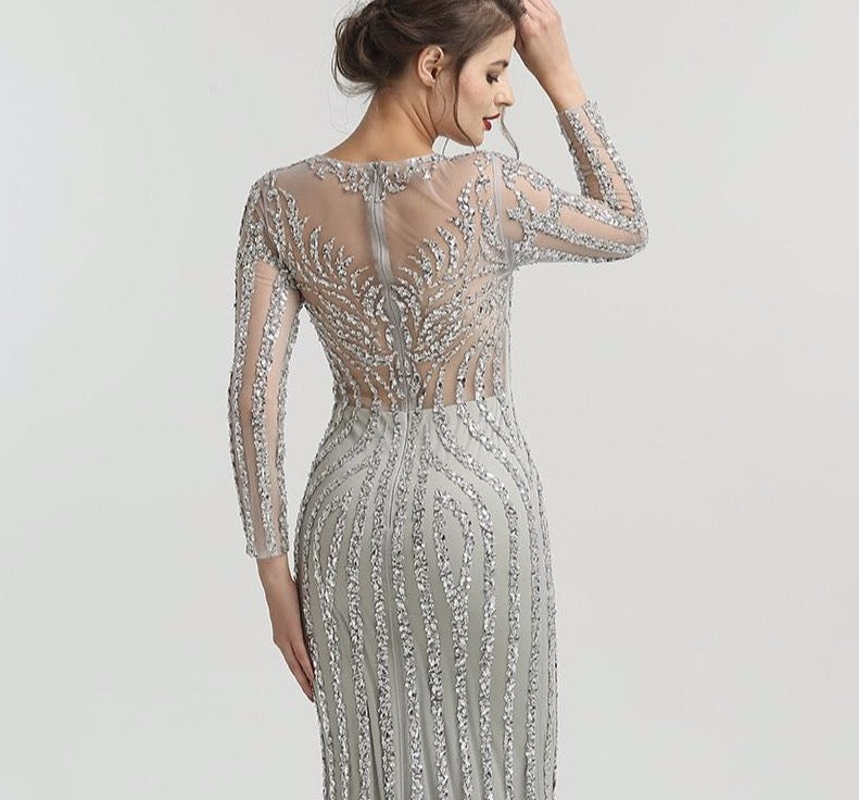 Grey Luxury Long Sleeves Sparkly Evening Dresses Mermaid Sexy Diamond Beading Formal Dress 2020 - LiveTrendsX
