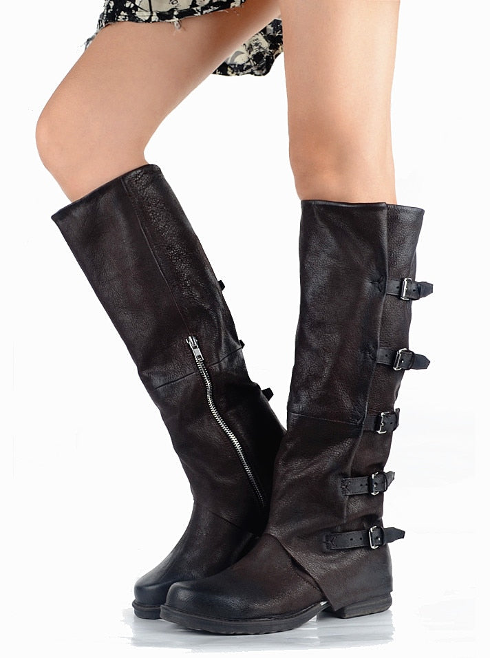 Original High Quality Genuine Leather Buckle Do Old Knee High Boots Solid Zipper Square Toe Warm Mid Heel Boots - LiveTrendsX