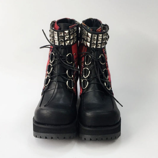 Classic Black Red Plaids Rivet Gothic Punk Rock Lace-up Lolita Ankle Boots  Chunky Heels Thick Platform Punk Lolita Cosplay Boot - LiveTrendsX