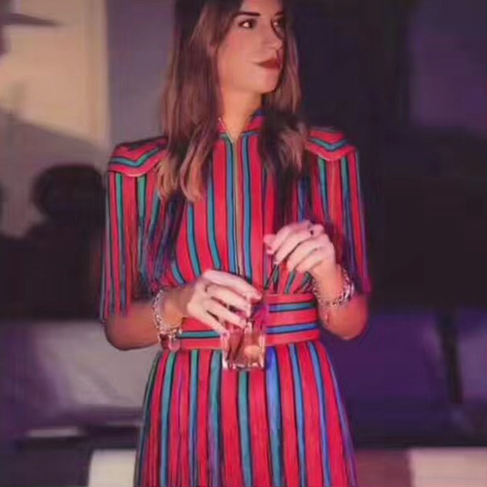 Summer New Fashion Short Sleeve Tassel Stripe Mini Dress Sexy Red Blue Stripe Dress Celebrity Runway Party Dress Vestidos - LiveTrendsX