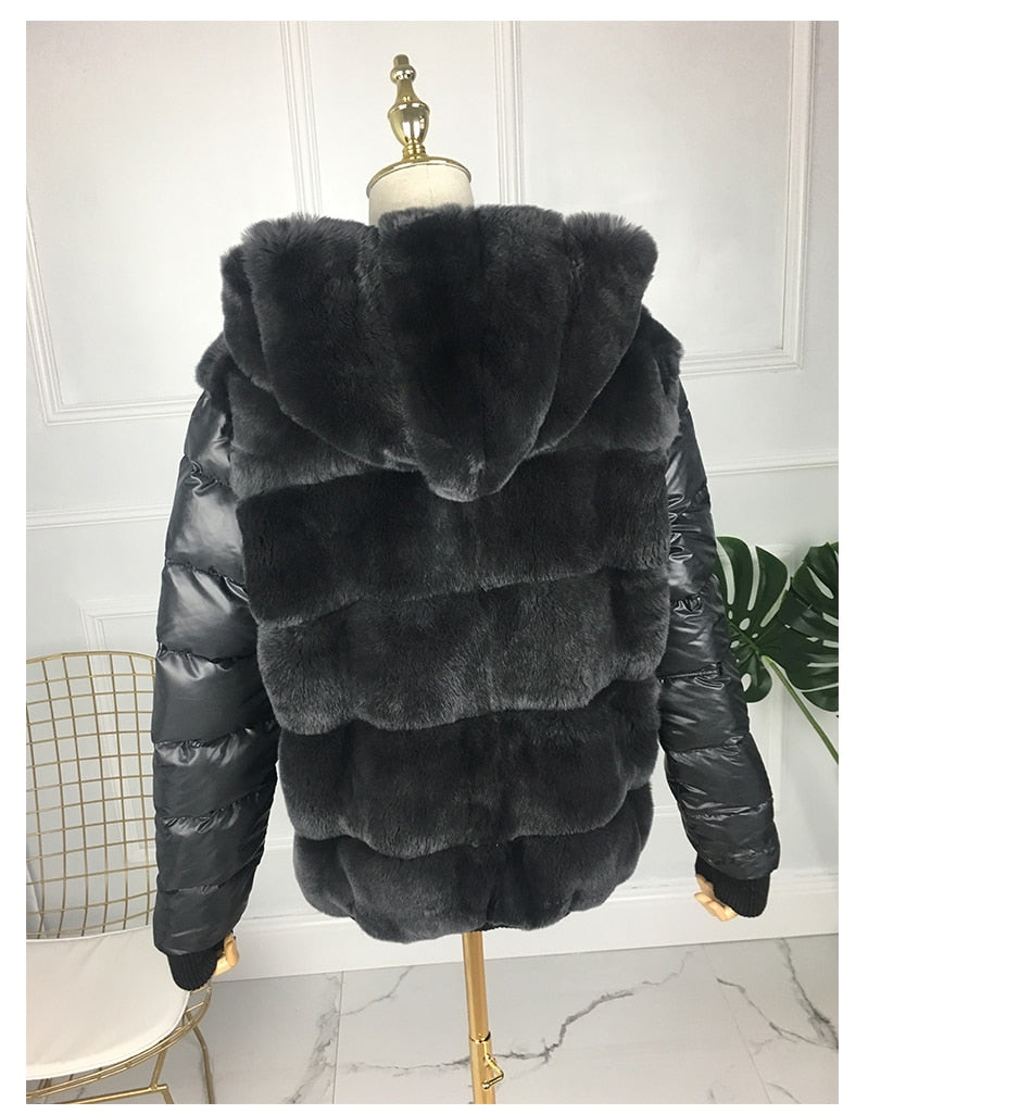 real rex rabbit fur coat with hood down coat jacket sleeves sporty fashion real fur jacket hooded - LiveTrendsX