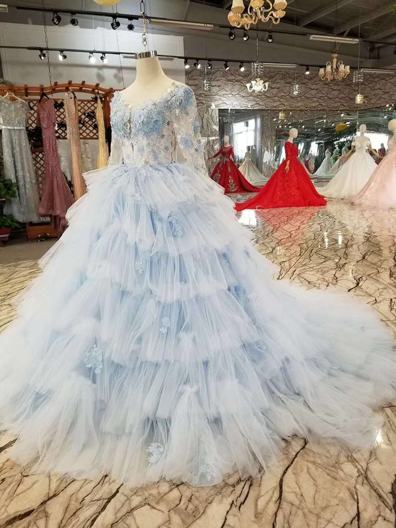 light blue evening dresses fairy o neck long tulle sleeve back 3D flower cake style beauty girls pageant dress more layer - LiveTrendsX