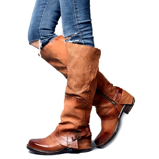 Winter Back Belt Buckle Strap Zipper Side Knee High Boots Real Leather Patchwork Square Toe Women Low Heel Boots - LiveTrendsX