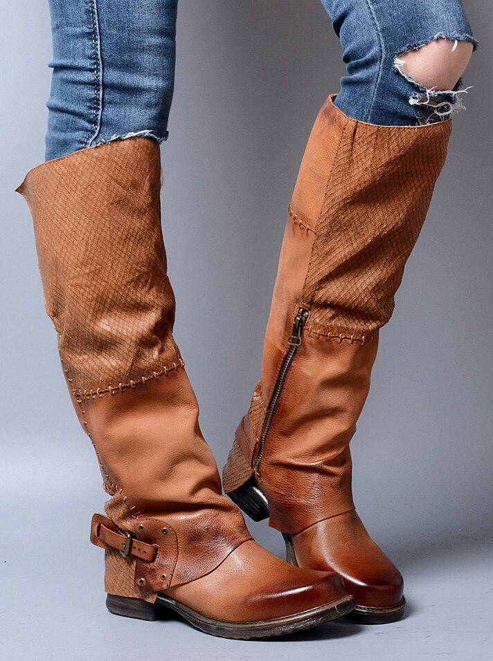 Winter Back Belt Buckle Strap Zipper Side Knee High Boots Real Leather Patchwork Square Toe Women Low Heel Boots - LiveTrendsX
