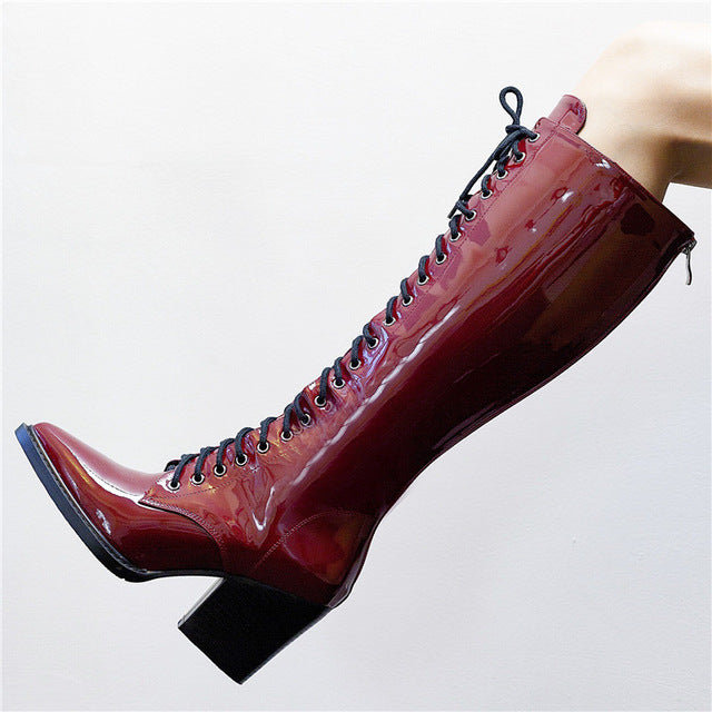 top quality patent leather knee high boots women pointed toe lace up autumn winter boots fashion punk shoes woman - LiveTrendsX