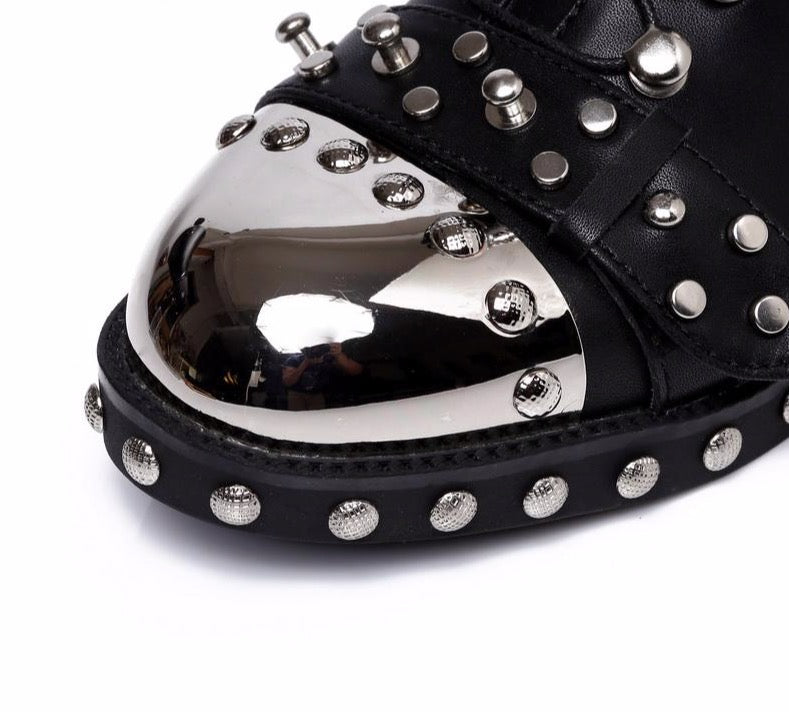 quality black flats genuine leather studded lace up ankle boots,motorcycle winter booties - LiveTrendsX