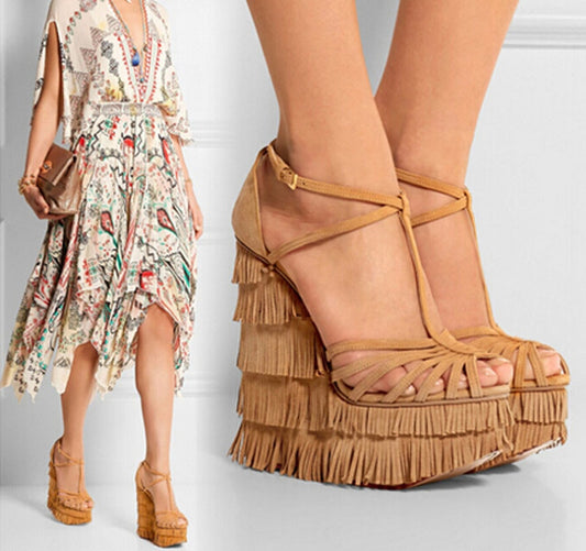 new fashion cut-outs cross strap tassels wedge sandals high platform height increasing woman sandal shoes - LiveTrendsX