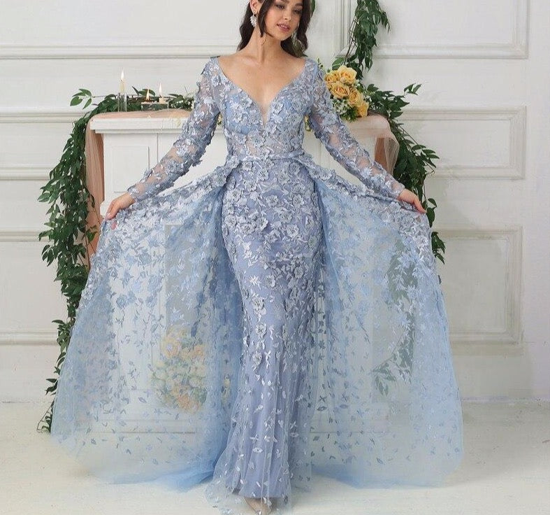 Long Sleeves Mermaid With Cap Evening Dresses New V-Neck Appliques Fashion Sexy Formal Dress 2020 - LiveTrendsX