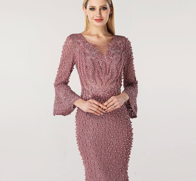 Muslim Pink Luxury Long Sleeves Evening Dresses Pearls Crystal Lace Formal Dress 2020 - LiveTrendsX