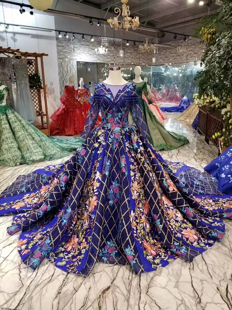 dubai colorful evening dresses with long train o-neck long sleeves luxury party dress long women occasion dresses muslim - LiveTrendsX