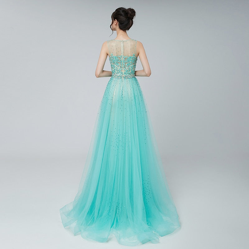 Elegant Evening Dresses Long Blush Dubai Arabic Tulle Beading Applique Formal Sleeveless Party Gowns - LiveTrendsX
